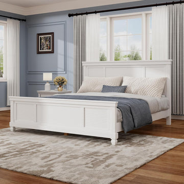 Queen Bed Frame with Wood Headboard, Farmhouse White Platform Bed Frame with Sturdy Wooden Support Slats, No Box