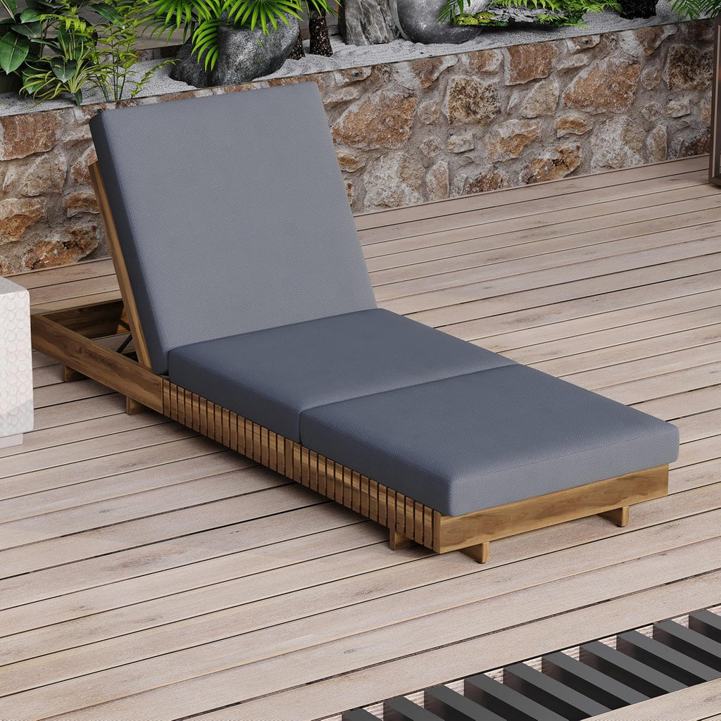 Outdoor Chaise Lounge Chair, Patio Lounge Chair, Solid Acacia Wood Pool Lounger, 6-Position Adjustable Backrest