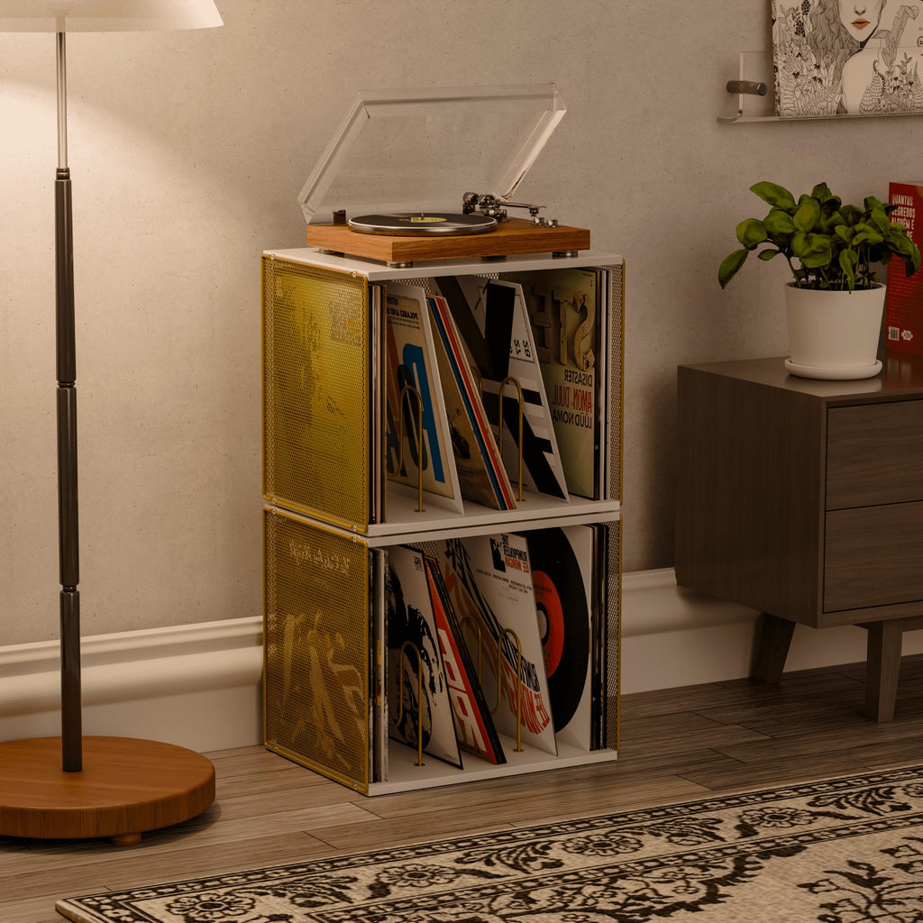 1 Cube Vinyl Record Storage, Wooden Stackable Record Crate, White & Gold