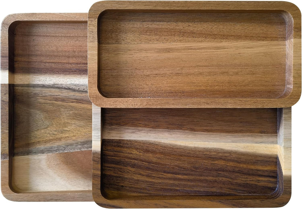 Acacia Wooden Valet Tray for Men,Natural Wood Grain EDC Tray Set Catch All for Keys Wallet Phone Glasses Watch - Set of 3