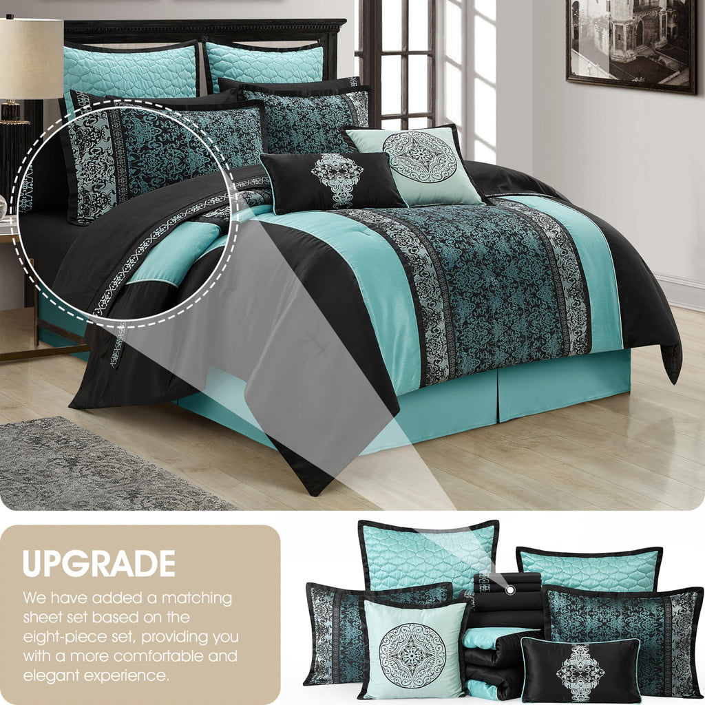 Black & Teal Comforter Set California King Size, Classic Jacquard Bedding Sets, Faux Silk, Premium Microfiber, 12