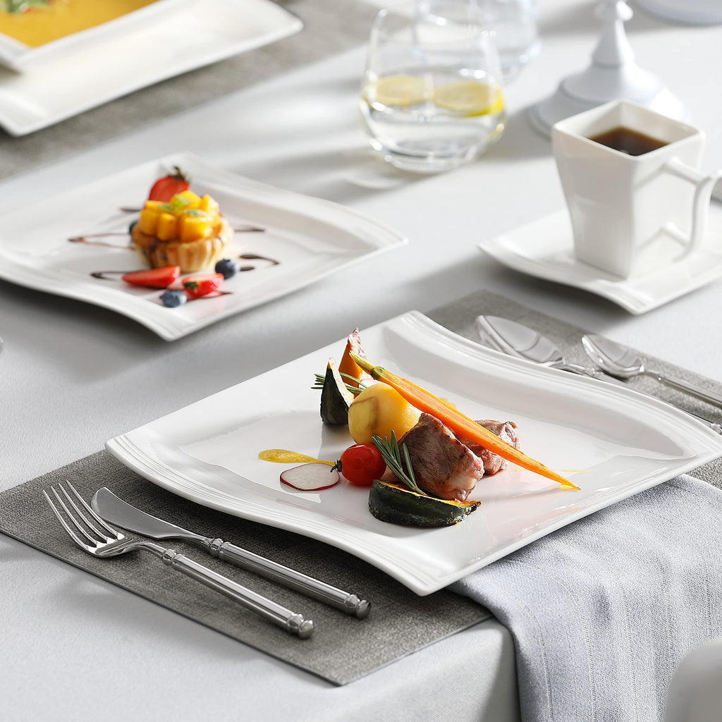 Ivory White Dinnerware Sets, 30-Piece Porcelain Plates and Bowls Sets, Modern Dish Set for 6, Square Plates
