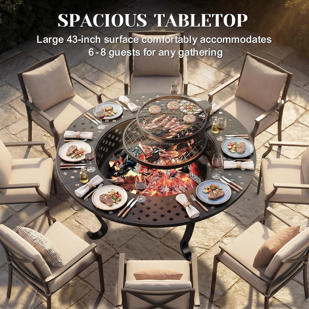 Outdoor Fire Pit, 43" Fire Pit for Outside Wood Burning with Adjustable 2 Grills, Firepit with Lid and Fire Poker, BBQ