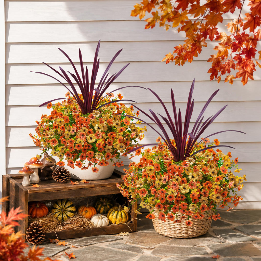 Fall Flowers Artificial Mums for Outdoors Autumn Decor, 12 Bundles Fake Fall Mums with 1 pcs Burgundy Orchid Leaf UV