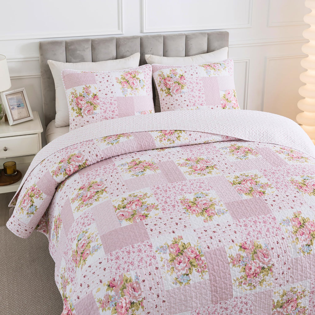 Pink Floral Patchwork Cotton Quilt Set, with 2 Shams