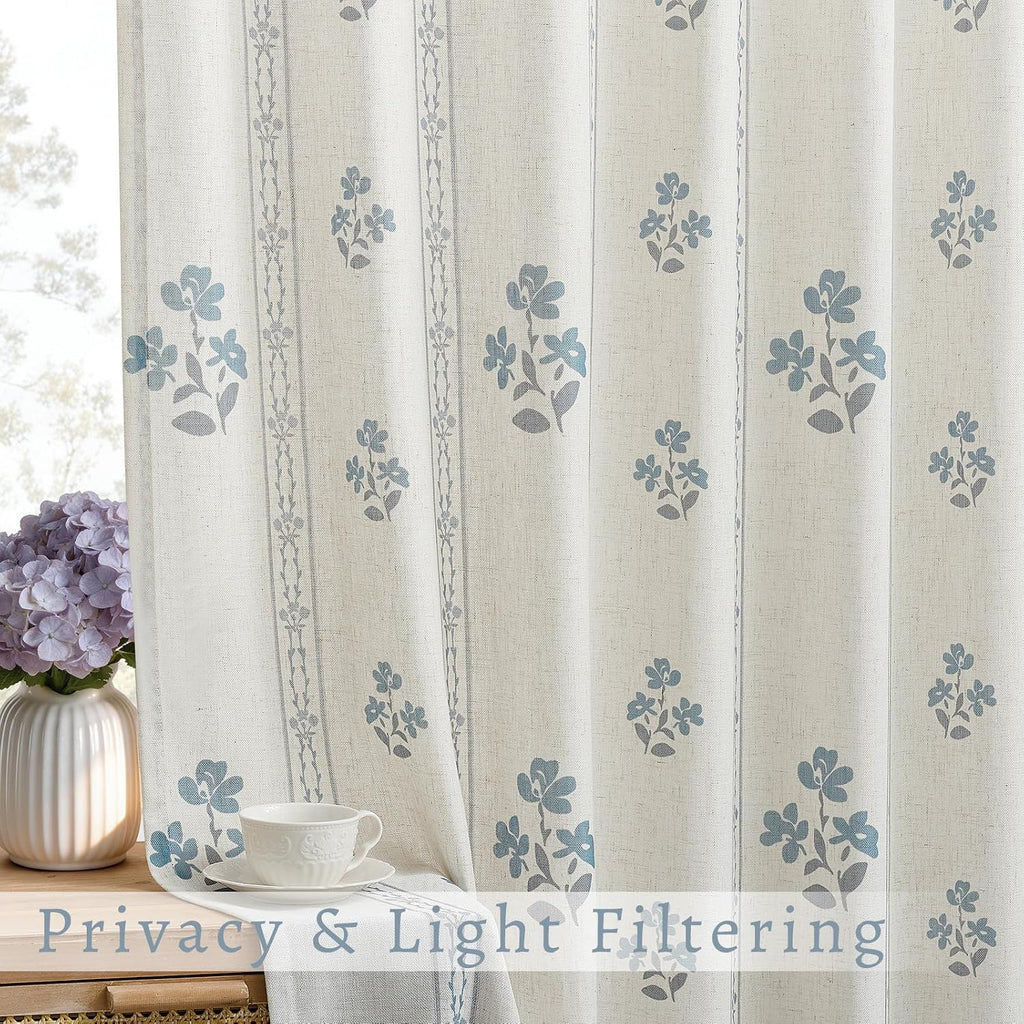 Blue Grey Pinch Pleated Floral Curtains 84 Inches Long for Living Dining Room Pinch Pleat Light Filtering Linen Semi