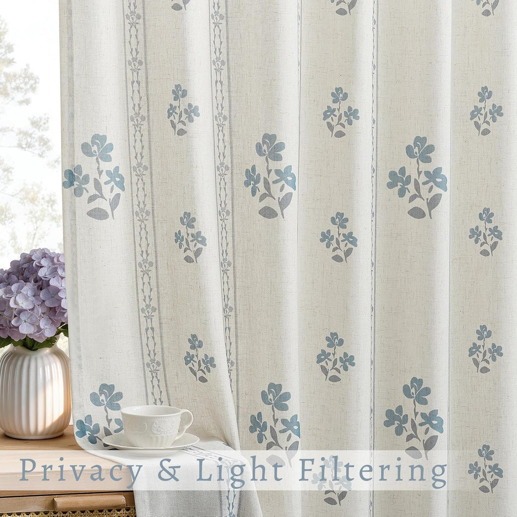 Blue Grey Pinch Pleated Floral Curtains 84 Inches Long for Living Dining Room Pinch Pleat Light Filtering Linen Semi