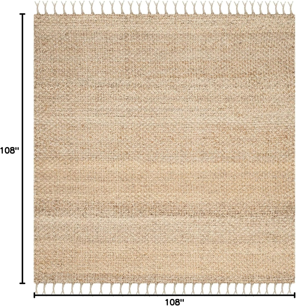 Natural Fiber Collection Area Rug - 9' Square, Natural, Handmade Farmhouse Fringe Jute, Ideal for High Traffic Areas