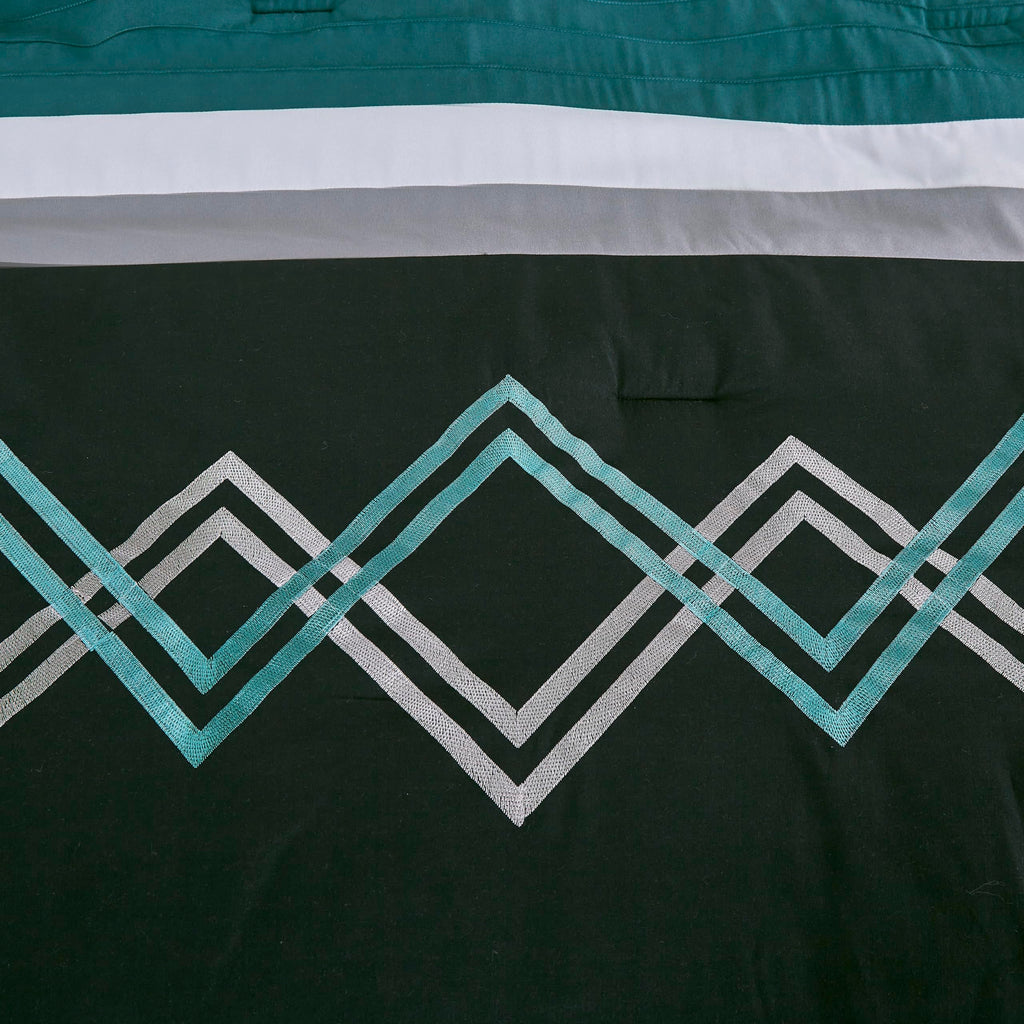 Jaxson Bed in a Bag 7-Piece Comforter Set with Sheets Modern Pleated Stripe Embroidered Teal/Black/Gray