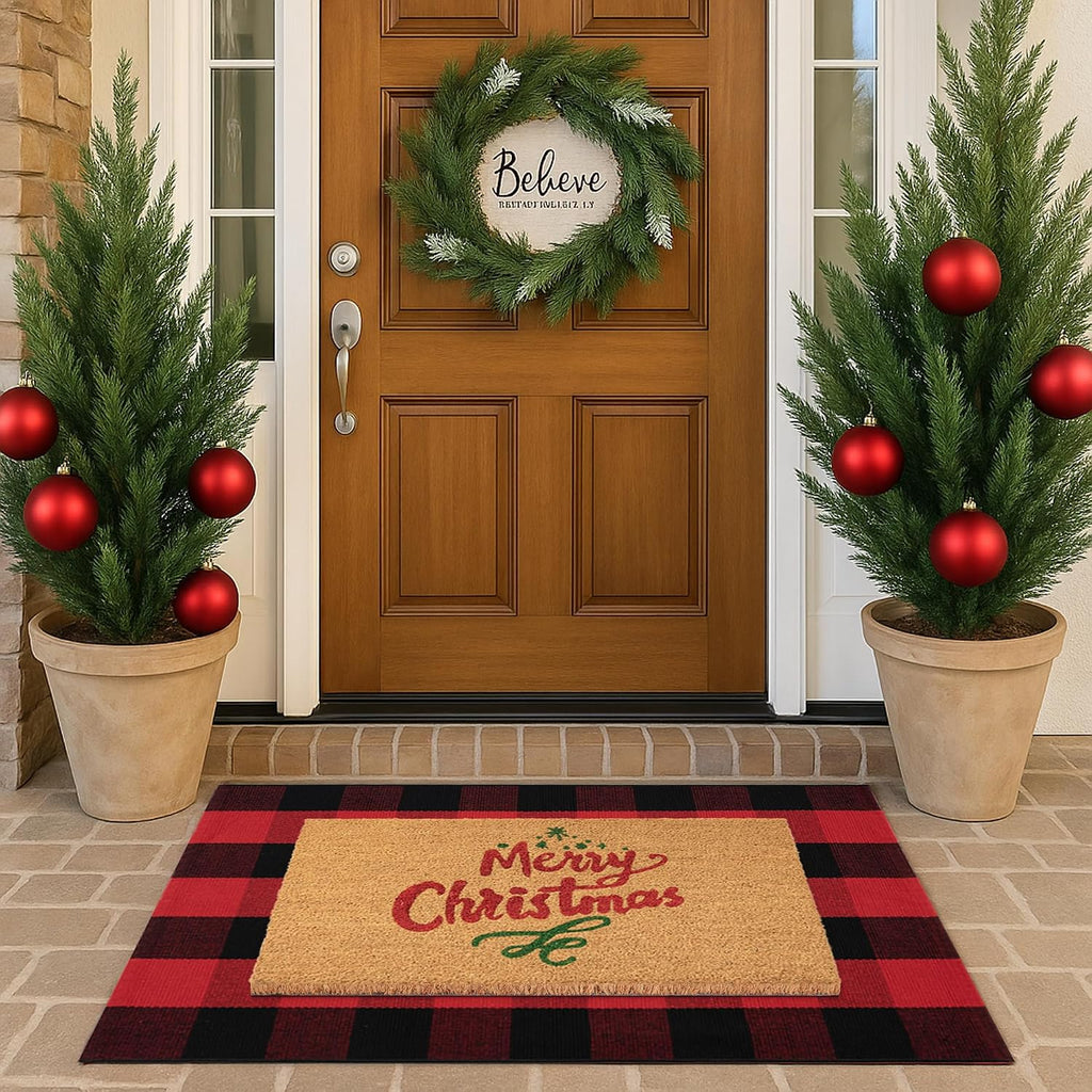 Christmas Door Mat Combo Set - 100% Coco Coir Welcome Mat + 28 x 43 Inch Red and Black Plaid Rug, New Year Holiday