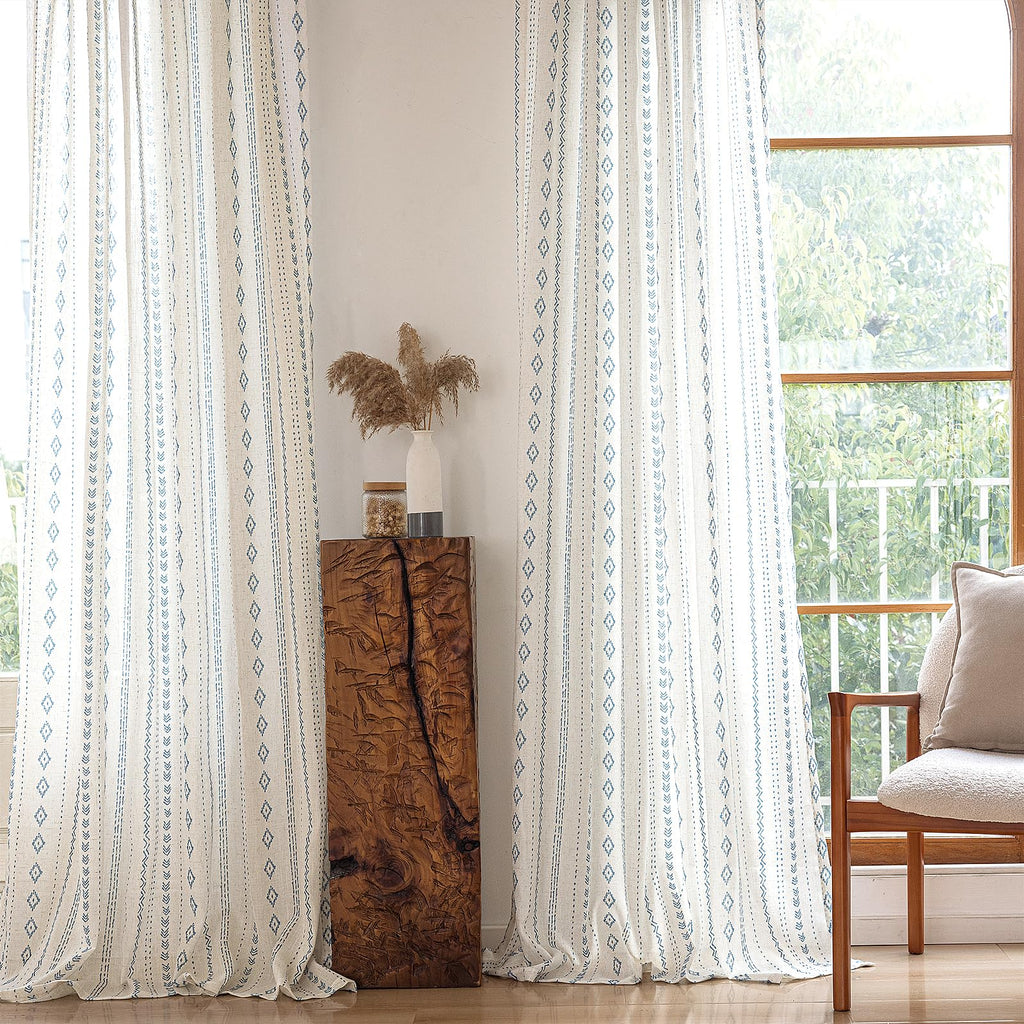 Natural Linen Boho Curtains Light Filtering Blue Stripe Geometric Pattern Semi Sheer Curtains 120 inch Long Western