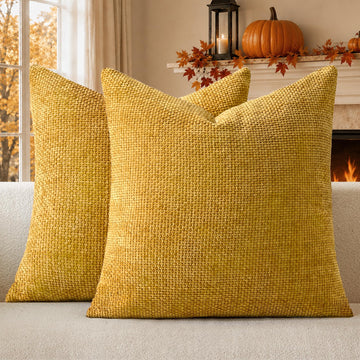 Fall Mustard Yellow Chenille Throw Pillow Covers 22x22 Inch Pack of 2 Modern Decorative Throw Pillow Covers Farmhouse