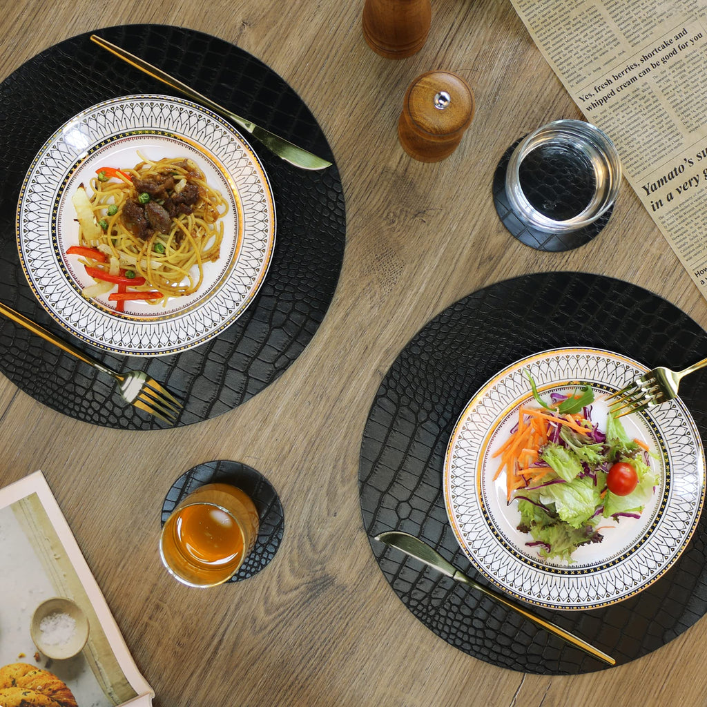 Round Leather Placemats for Round Tables Set of 6, Black Table Place Mats and Coasters, Washable Easy to Care for