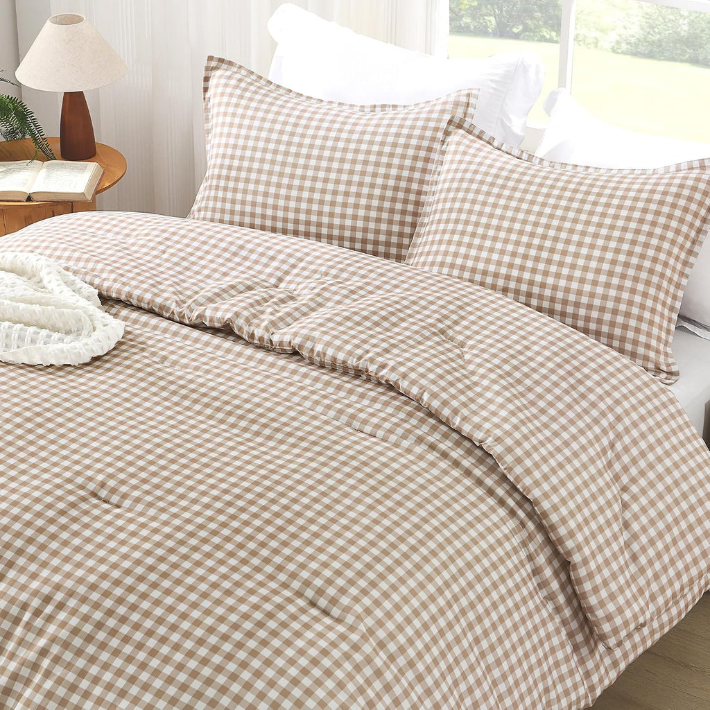 Tan Gingham Comforter Set Twin(66x90Inch), Brown Checkered Grid Plaid Buffalo Bed Set for Girls Boys Kids Teens, 2