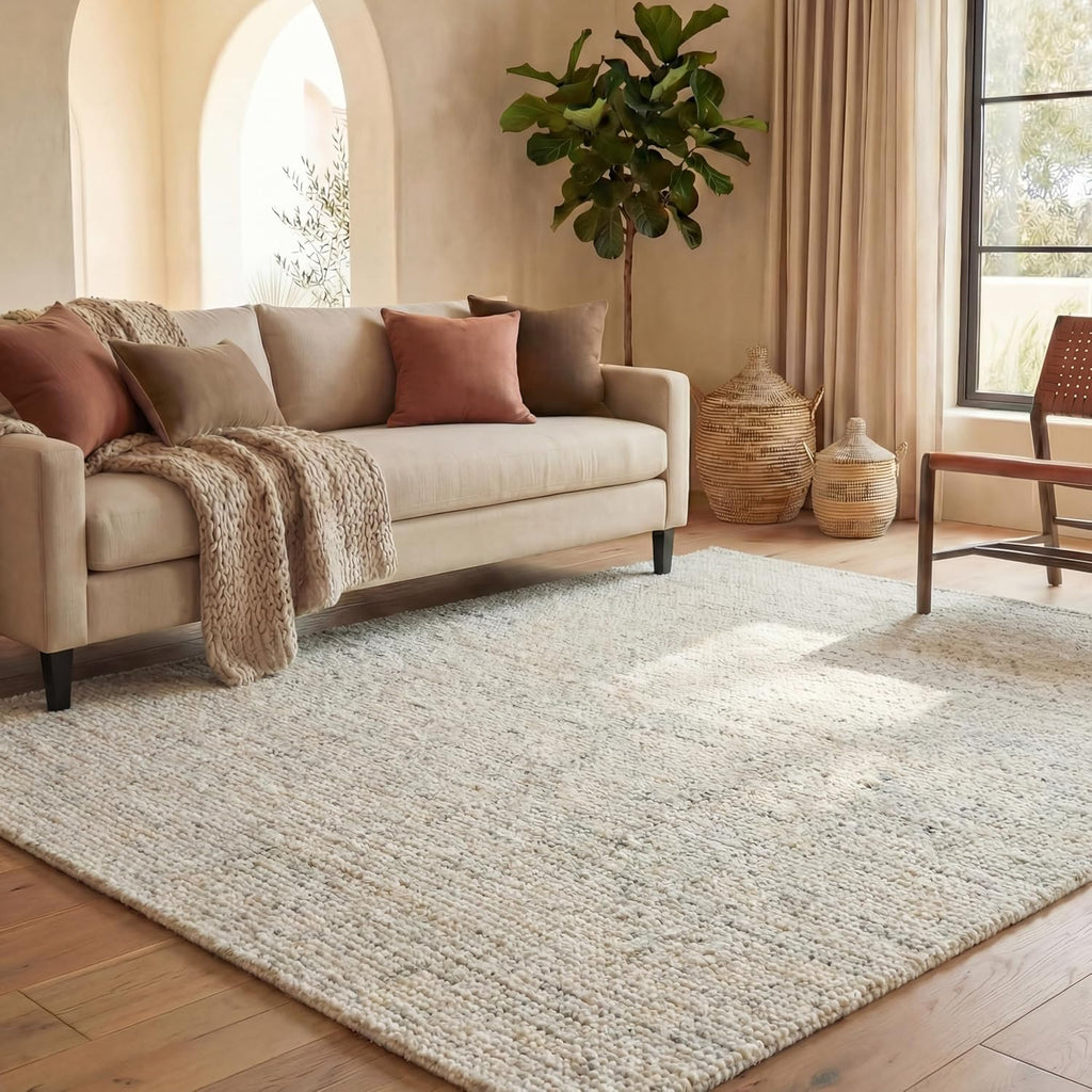 Abstract Area Rug - 10' x 14', Ivory & Light Grey, Handmade Wool