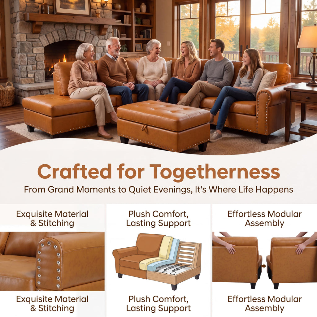 Faux Leather L-Shaped Couch Set, 98"L x 71"W Sectional Sofa Orange