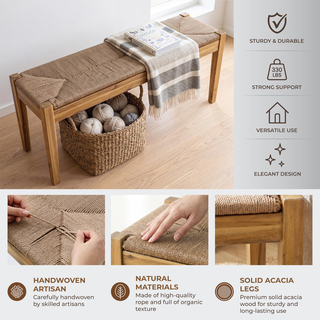 46-Inch Acacia Wood Bench with Woven Rope Seat, Indoor Entryway Bench