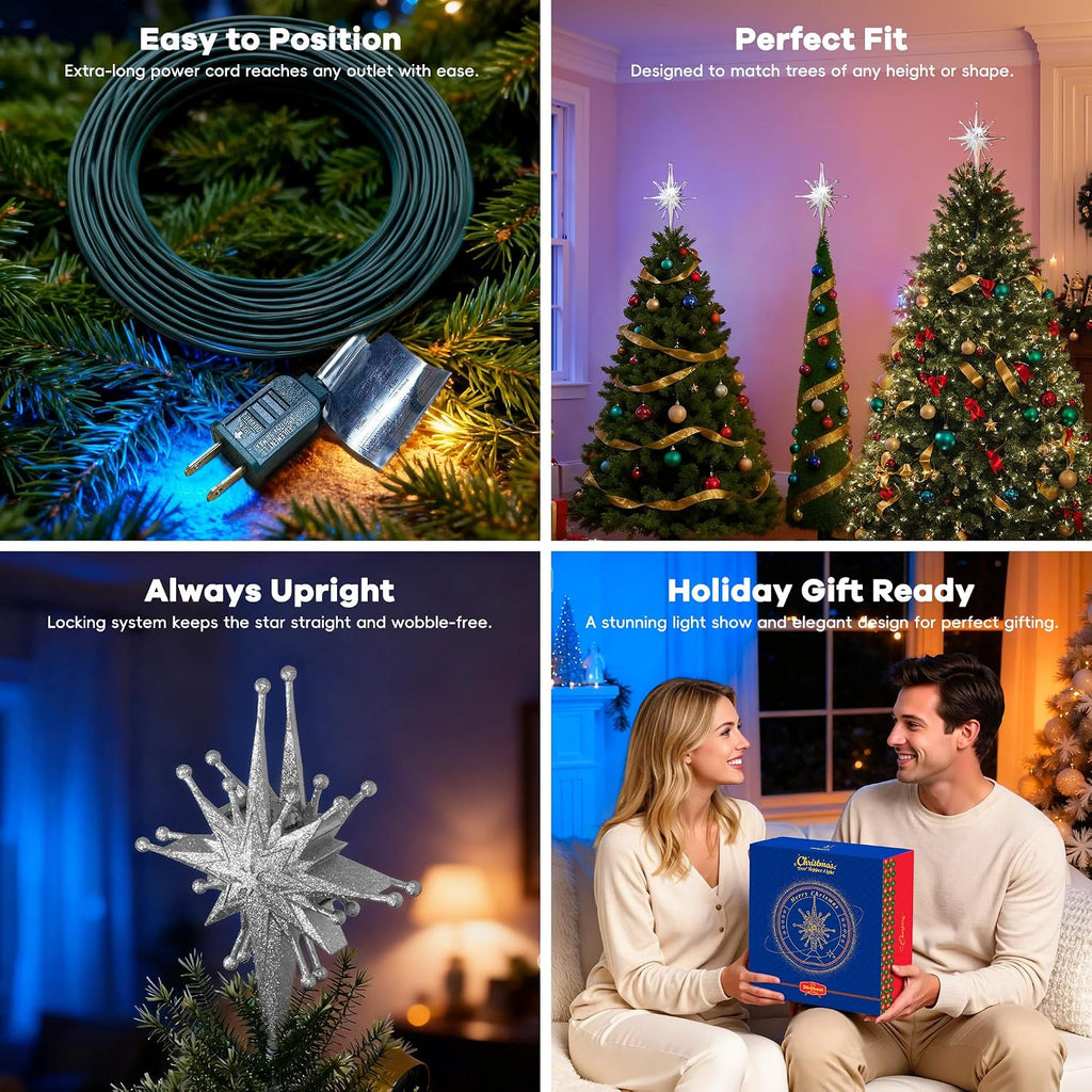 Christmas Tree Topper with Wide Coverage Light, Frosted Silver