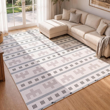 Washable Area Rug, Boho Southwestern, Cream Beige