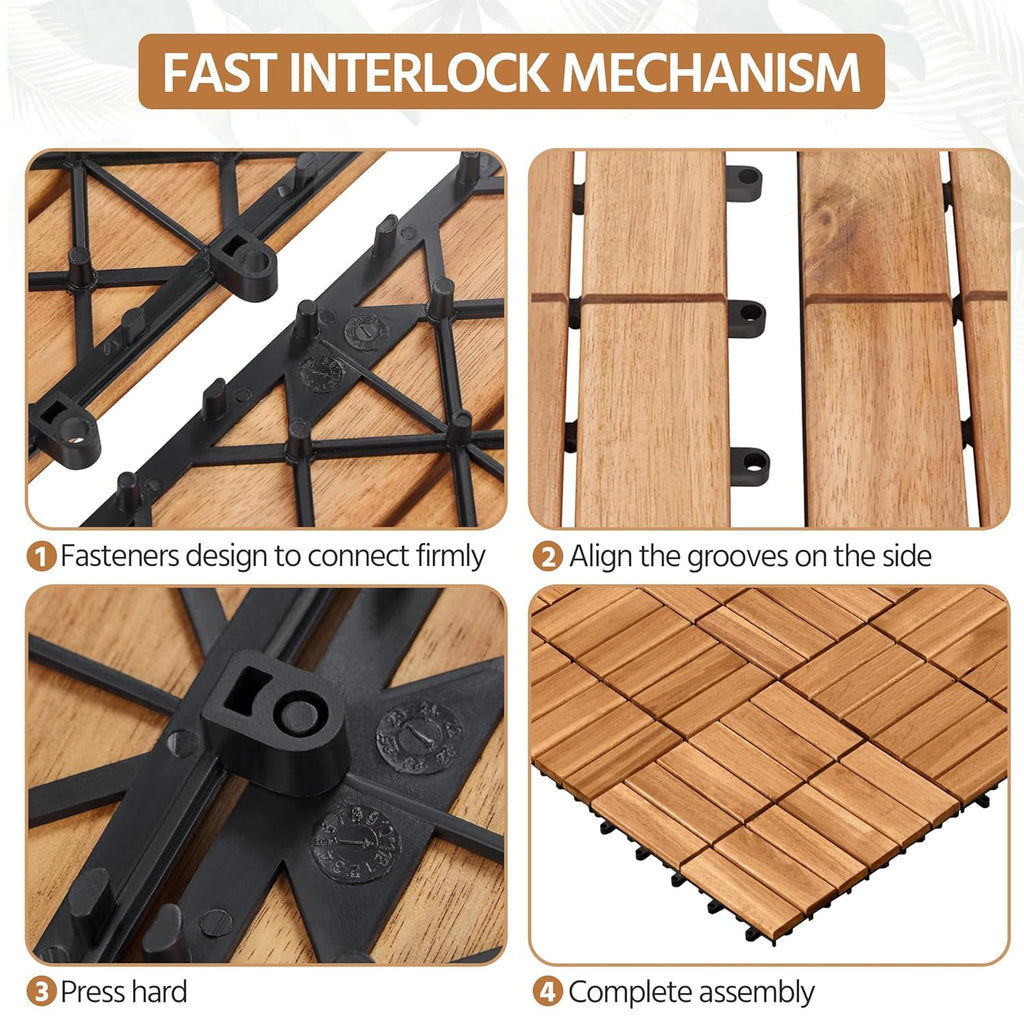 10pcs Acacia Wood,Interlocking Deck Tiles with Non-Slip Surface,Easy Snap Waterproof Flooring Tiles for Indoor