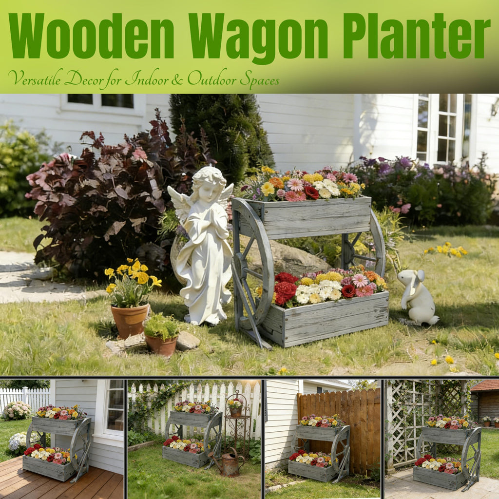 Wooden Wagon Planter Box|Rustic Planter Use On Indoor&Outdoor