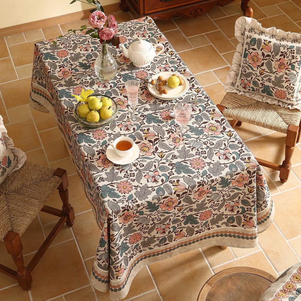Designer Boho Floral Square Tablecloth, Linen Lotus Flower Pattern Colorful Indoor Table Cloth, Durable Decor