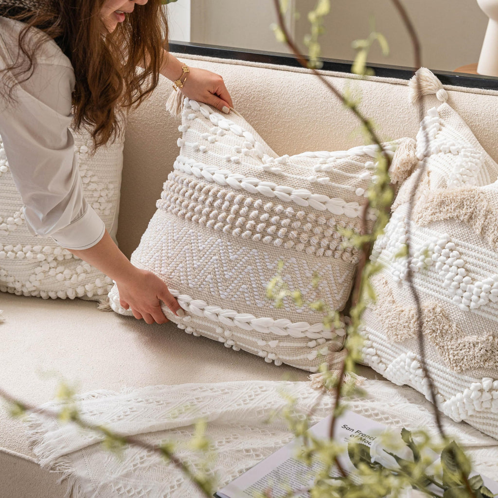 Boho Throw Pillow Cover 22X22, Large Decorative Accent Pillow for Couch, Square Woven Textured Pillowcase, Modern