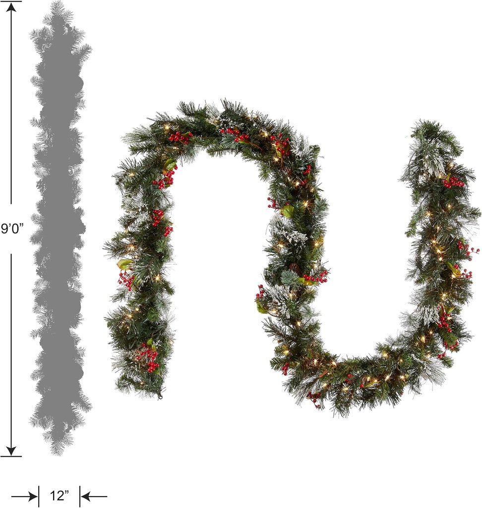 Tree Company 9ft Pre-Lit Wintry Pine Flocked Christmas Garland | 100 Clear Lights, 184 Tips, Artificial Christmas