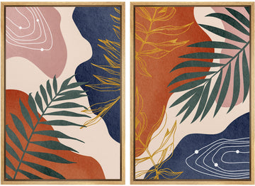 Framed Canvas Print Wall Art Set Retro Mid-Century Geometric Forest Plants Abstract Shapes Illustrations Modern Art