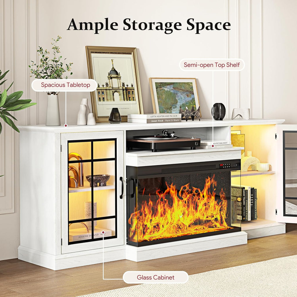 80'' Fireplace TV Stand, Farmhouse Entertainment Center with 3 Sided Glass TV Stand, Modern Media Console Table with