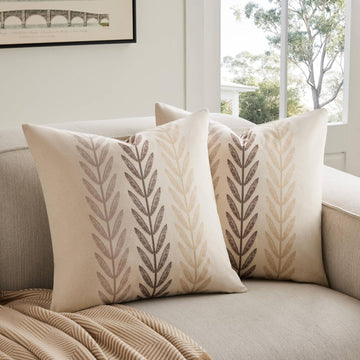 100% Cotton Farmhouse Leaves Throw Pillow Covers Set of 2, 18x18 Inch Mixed Beige Pastoral Decorative Print Cushion