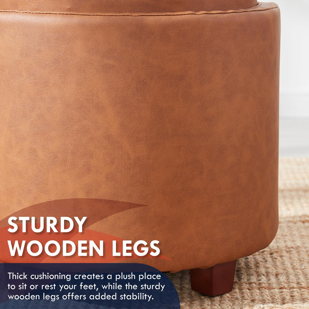 17" Round Storage Ottoman with Tray Top, Faux Leather, Cognac