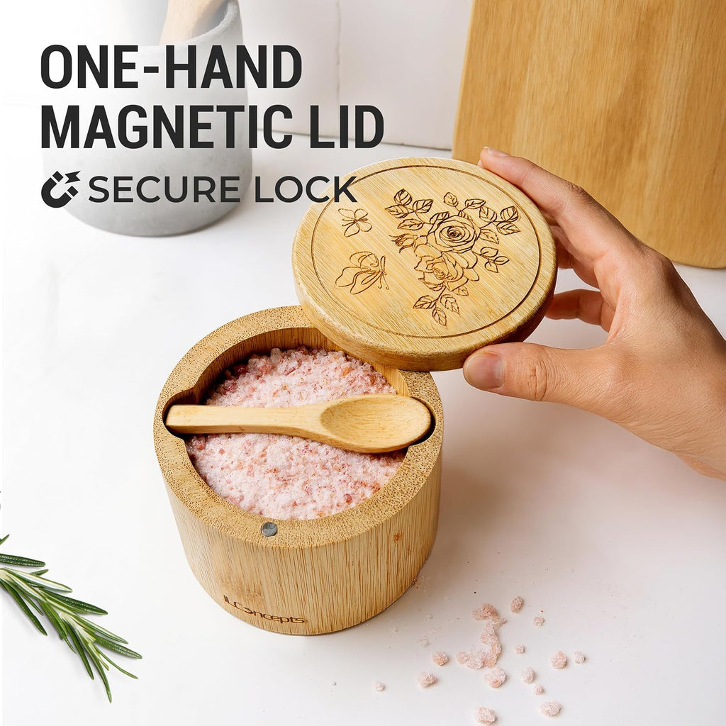 Bamboo Salt Cellar Storage Box, Bowl with Magnetic Swivel Lid and Spoon, Wooden Container for Countertop, Holder
