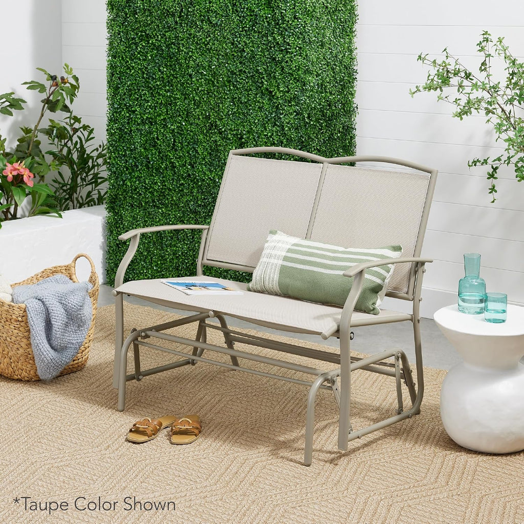 2-Person Outdoor Patio Swing Glider Steel Bench Loveseat Rocker for Deck, Porch w/Textilene Fabric, Steel Frame