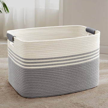 86L Large Woven Laundry Basket Hamper with Leather Handles,Grey