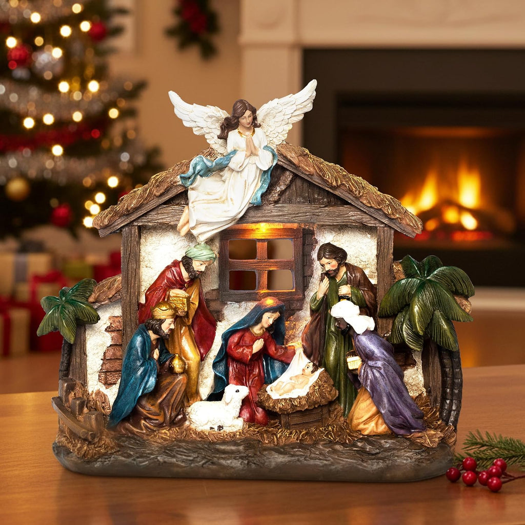 Nativity Sets for Christmas Figurine Decorations Indoor, 12.5 Inch Large Lighted Resin Manger for Nativity Scene