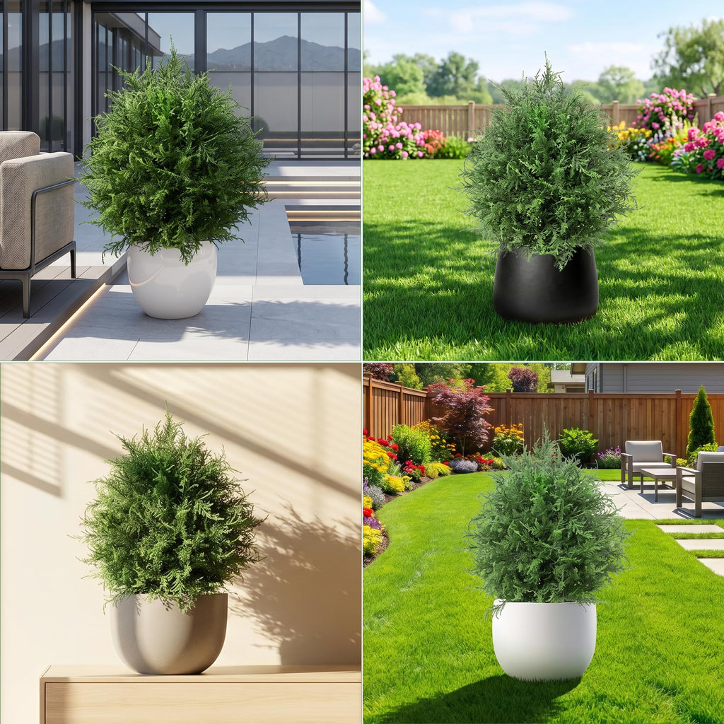 20" Artificial Cedar shrubs for Front Porch, Faux Cedar Ball Trees for Outdoors with Ground Spike, UV Resistant Faux