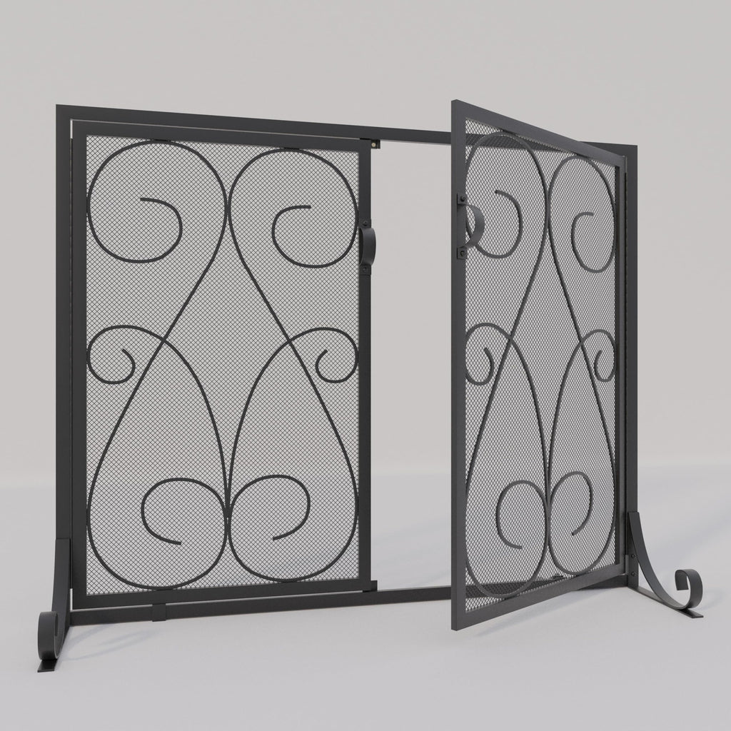 2-Panel Fireplace Screen with Doors Handcrafted Wrought Iron Decorative Mesh, Symmetric Scroll Fire Spark Guard-Black
