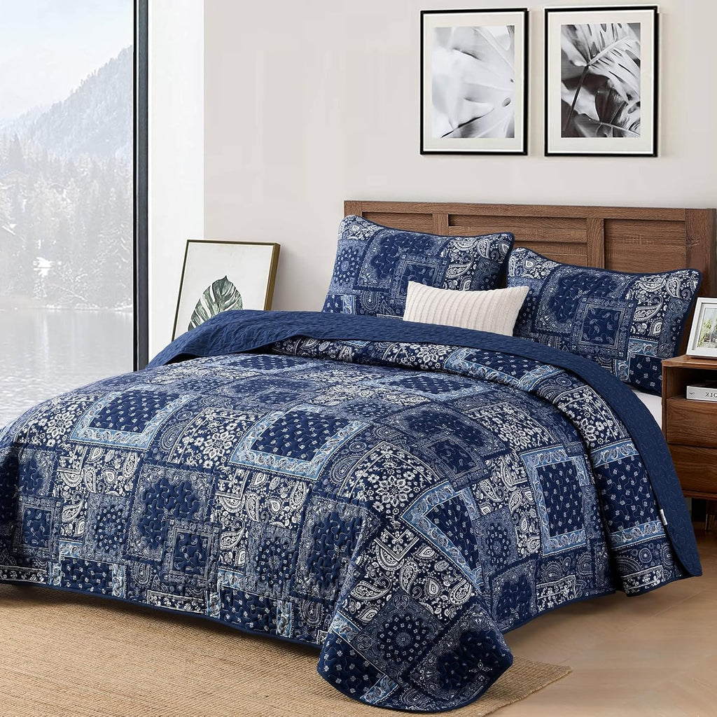 Blue Patchwork Quilt Set Queen,Boho Navy Blue Quilt Set,Paisley Farmhouse Bedspread Soft Microfiber Bedding Set for