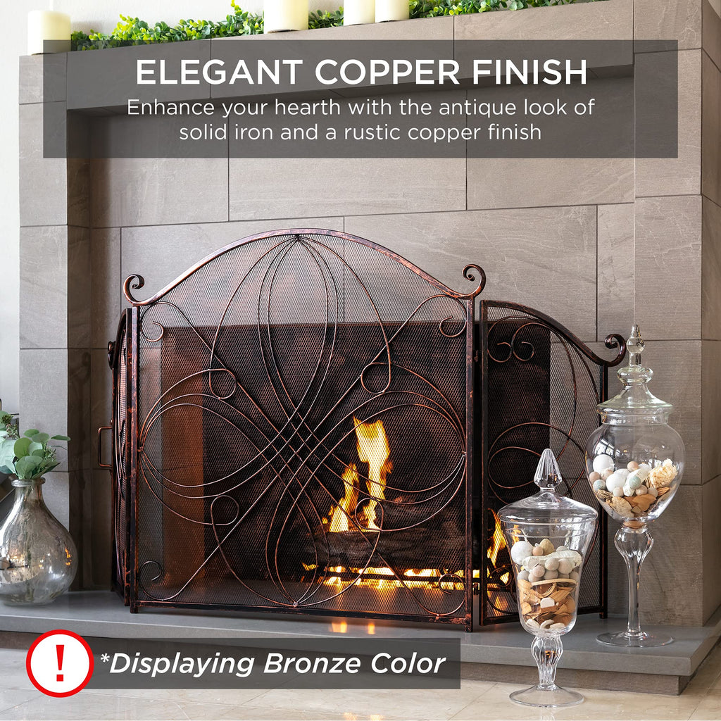 3-Panel 55x33in Solid Wrought Iron See-Through Metal Fireplace Screen, Spark Guard Safety Protector w/Decorative