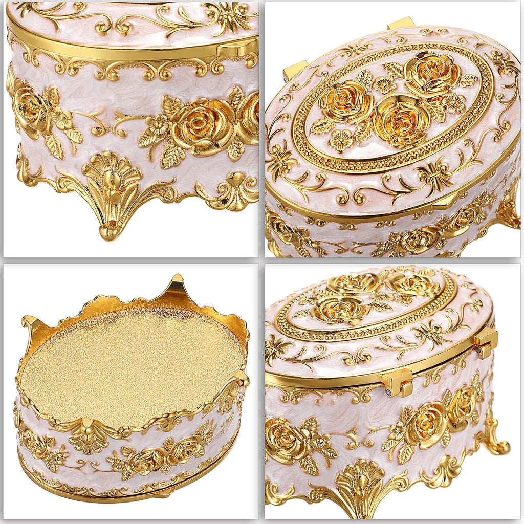Vintage Metal Jewelry Box - Oval Trinket Organizer Ring Box Case