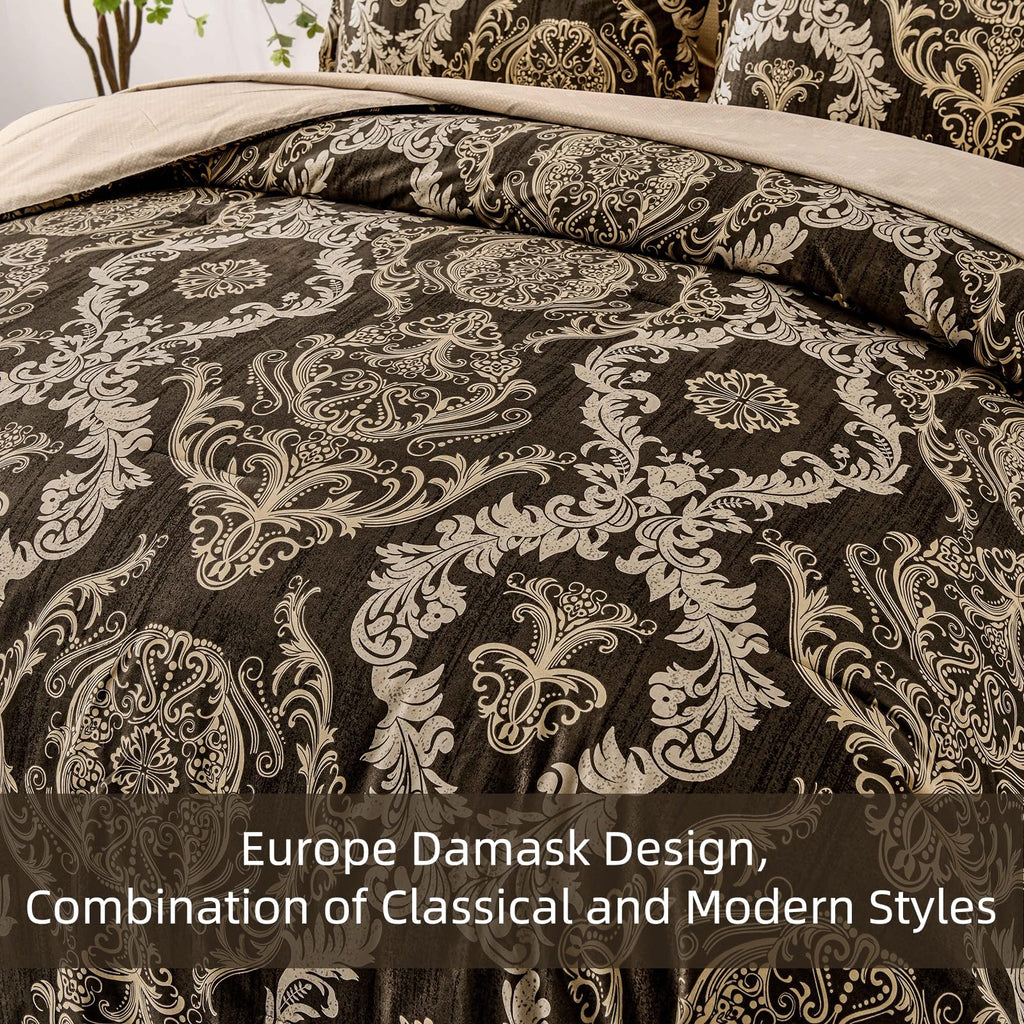 7 Pieces Comforter Set King Size, Damask Texture Design Bed in a Bag Bedding Sets, Brown Soft Lightweight Microfiber