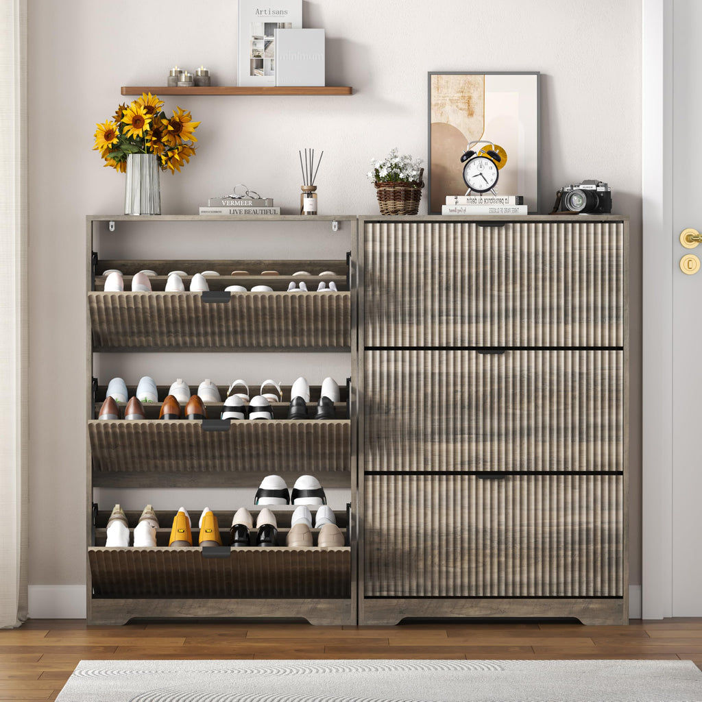 Shoe Cabinet Storage with 3 Flip Drawers, Grey Fluted Shoe Cabinet with Adjustable Shelves, Wooden Hidden Shoe Rack
