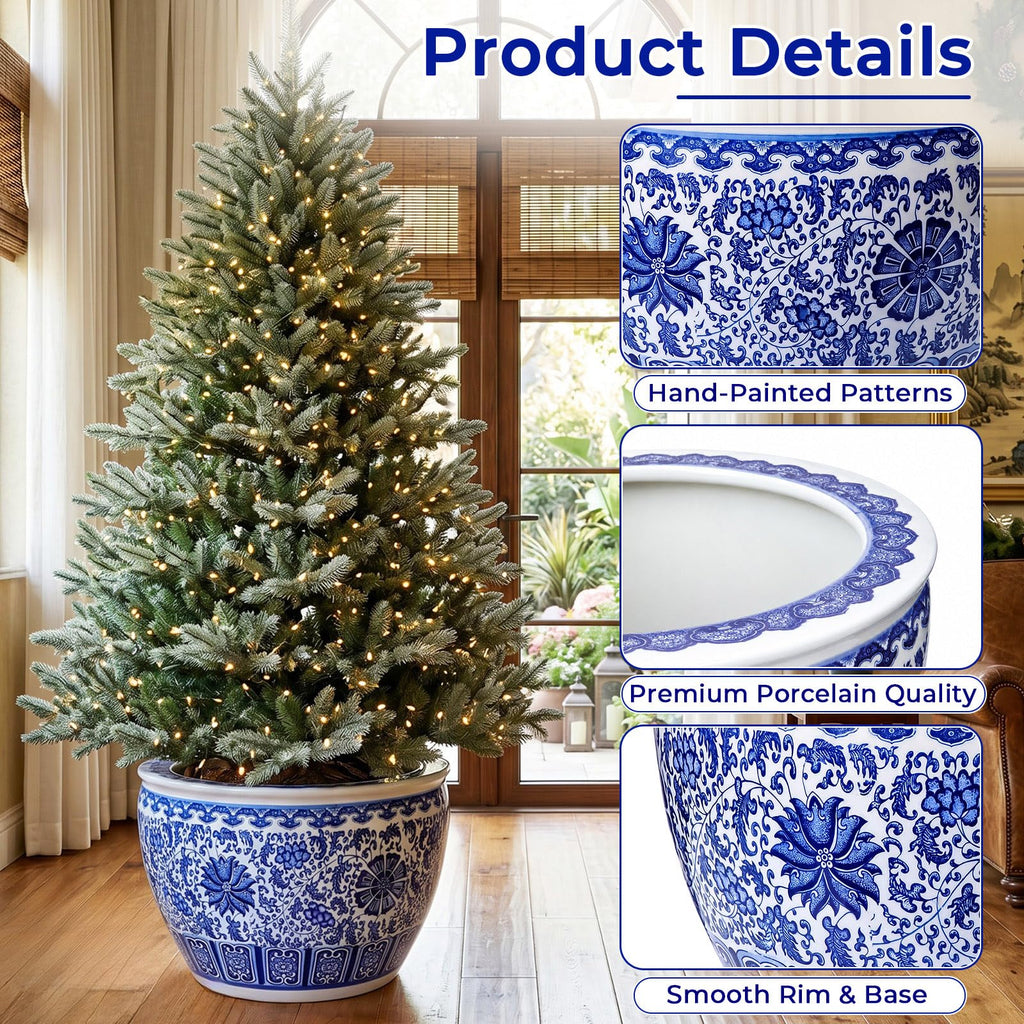16'' Blue and White Fishbowl Planter Chinoiserie Planter, Retro