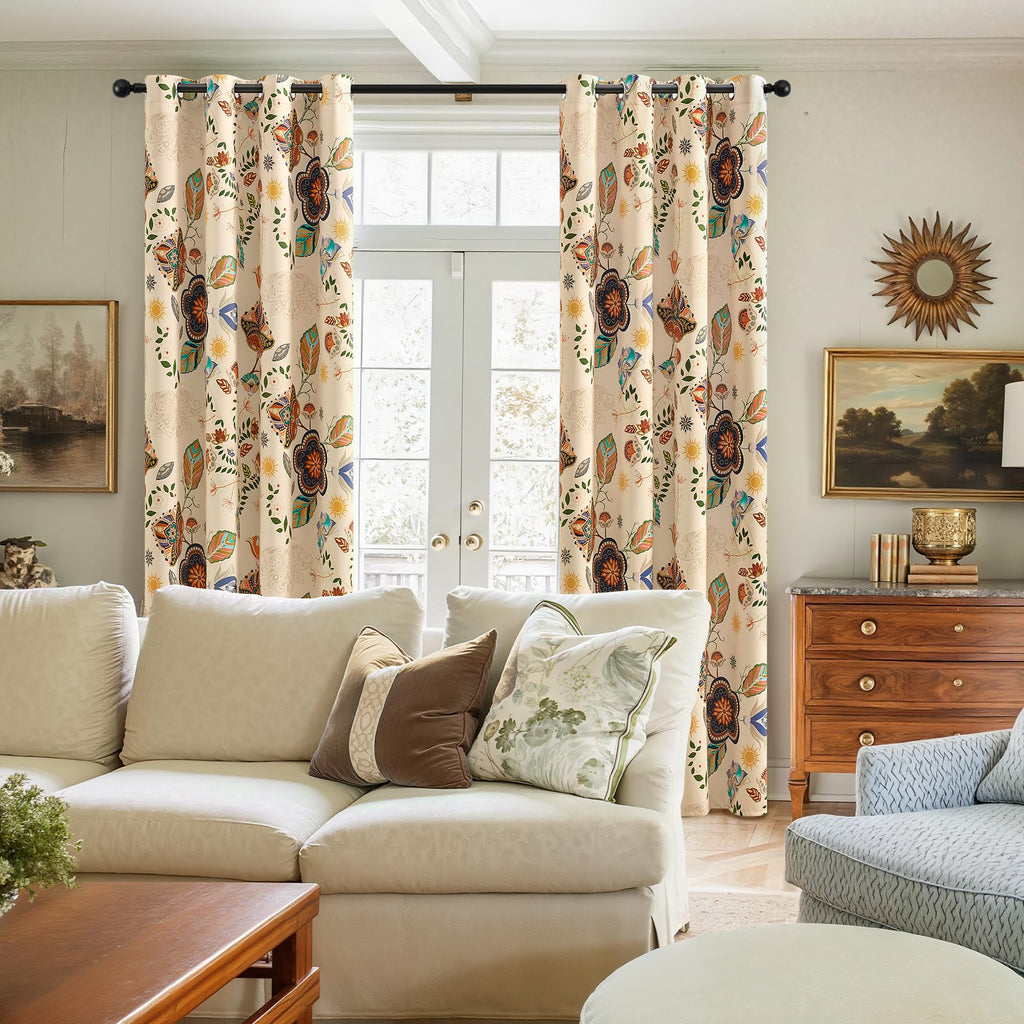 Boho Beige Floral Curtains 120 Inches Long 2 Panels Patterned Curtains