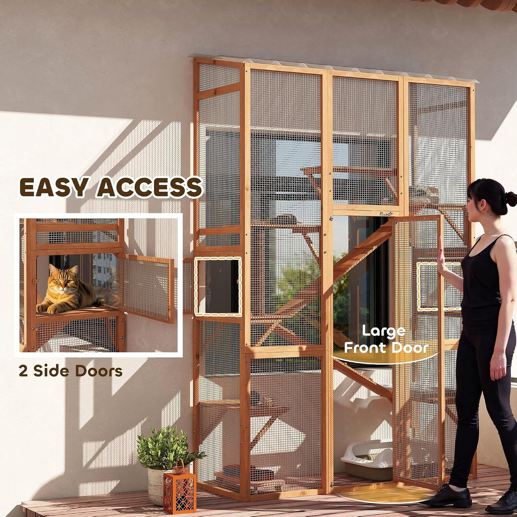 Outdoor Catio Cat Enclosure Large Wooden Cat House, 99" H Orange