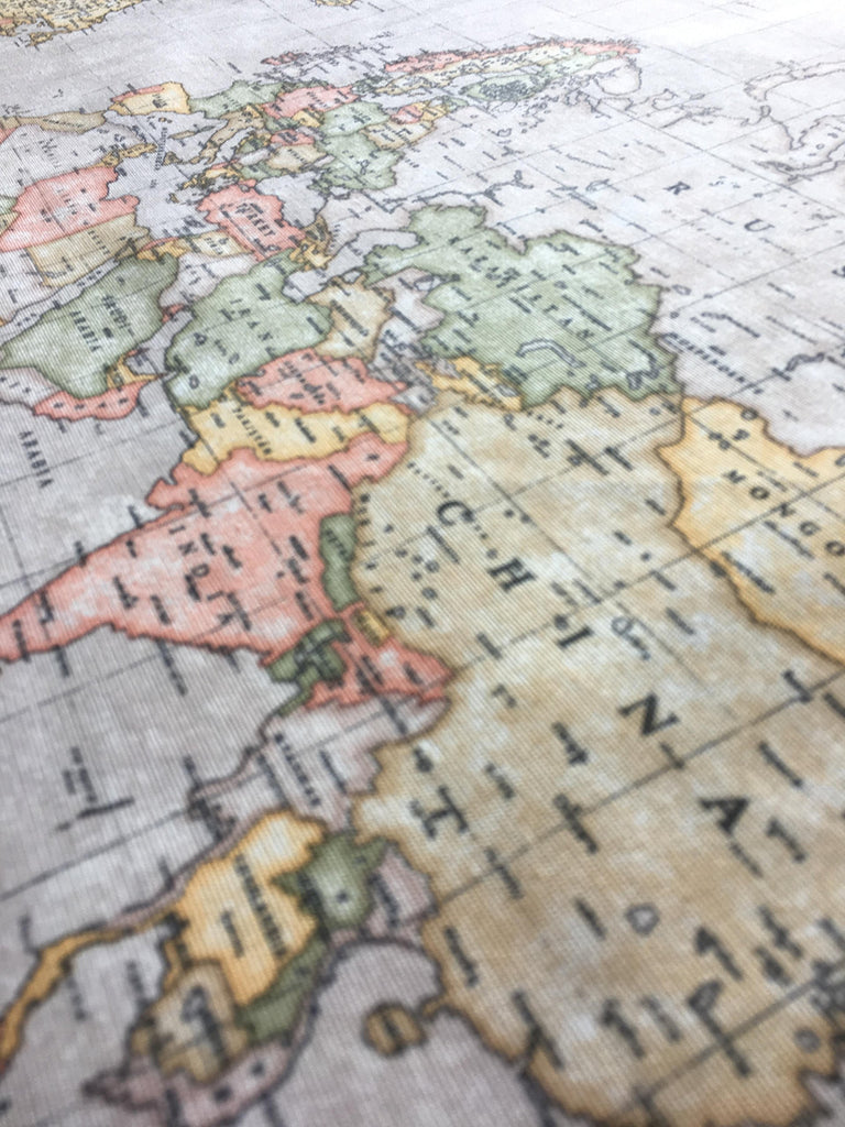 Beige World Map 3 Designer Curtain Upholstery Cotton Fabric Material - Globe Print - 55 inches Wide - Beige (Sold by