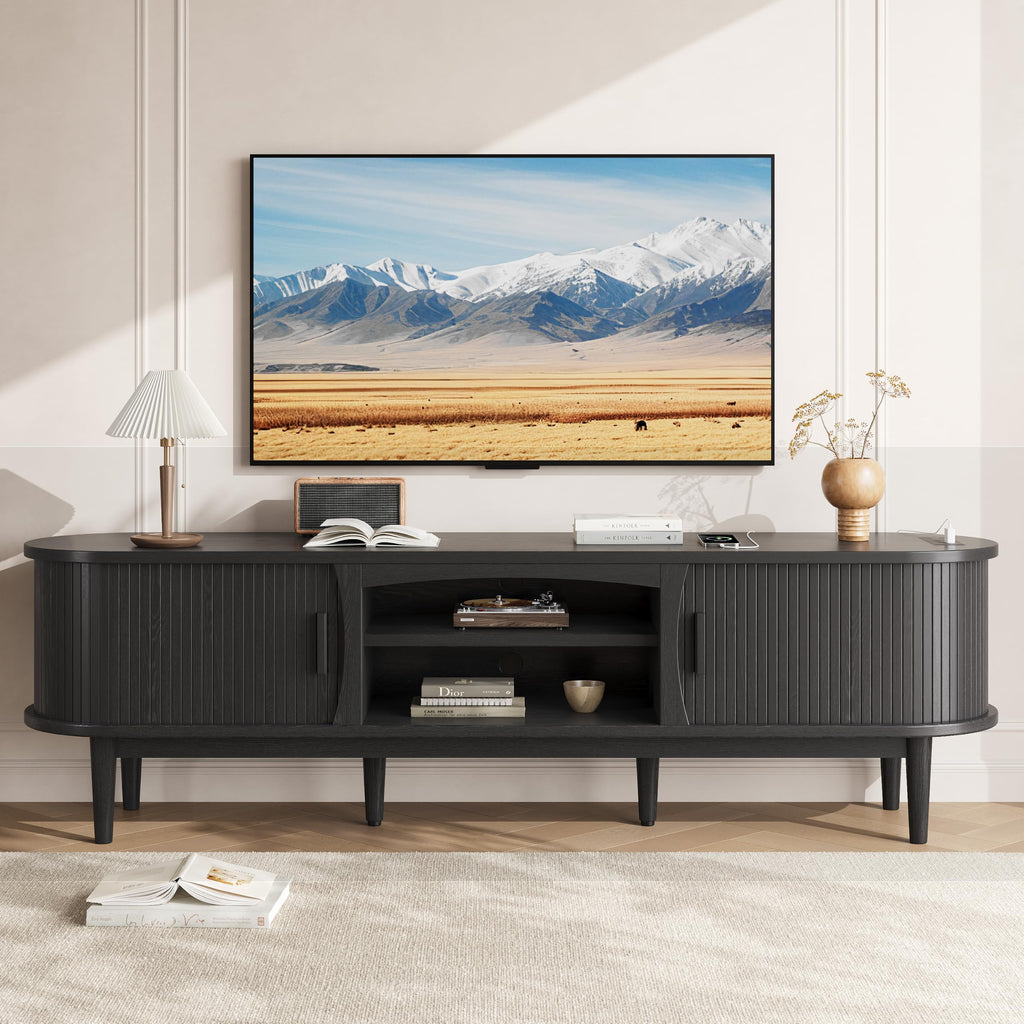 69" Fluted TV Stand for TVs Up to 80" with Charging Station, Black