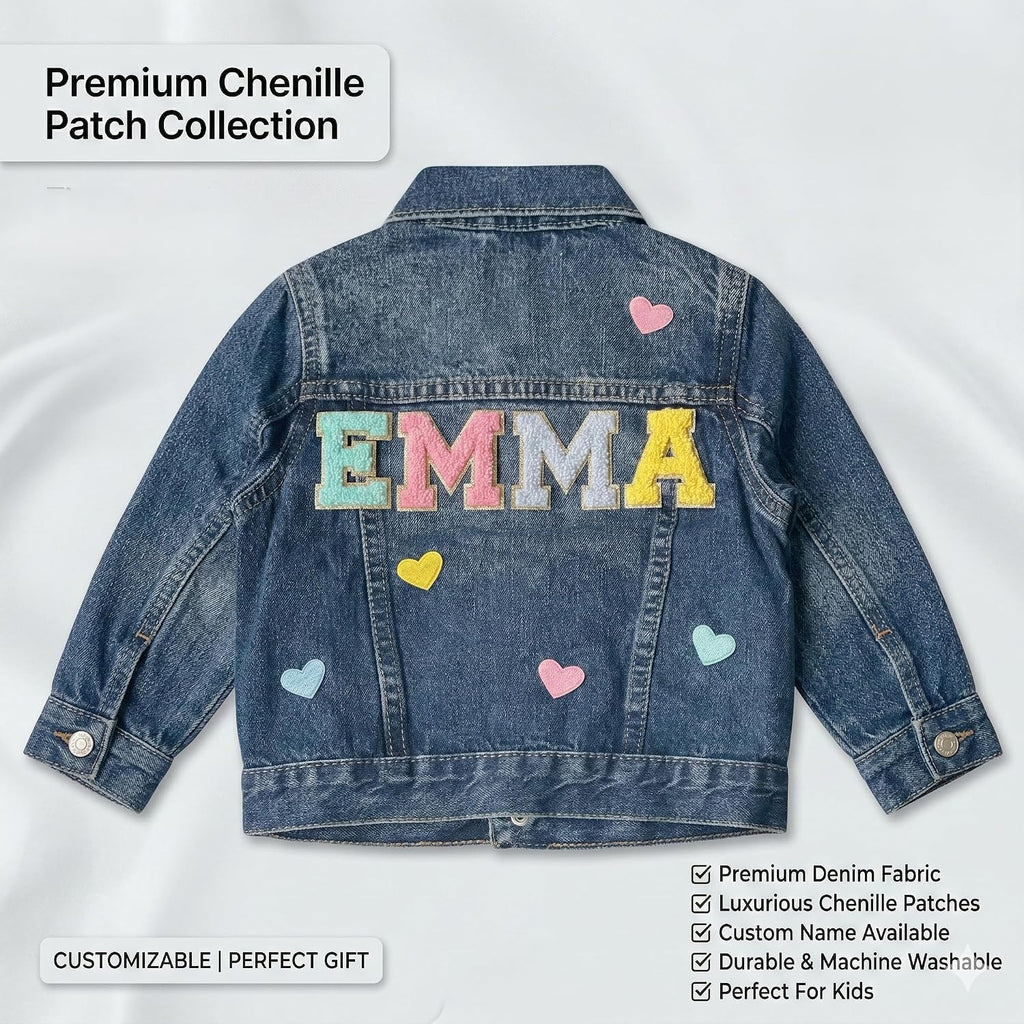 Personalized Denim Jacket for Girls with Name, Custom Toddler Kids Jean Jacket with Chenille Patches, Back to School