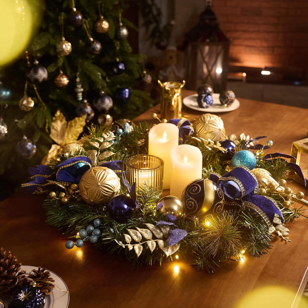 24" Pre-Lit Large Christmas Wreath for Front Door Blue Gold
